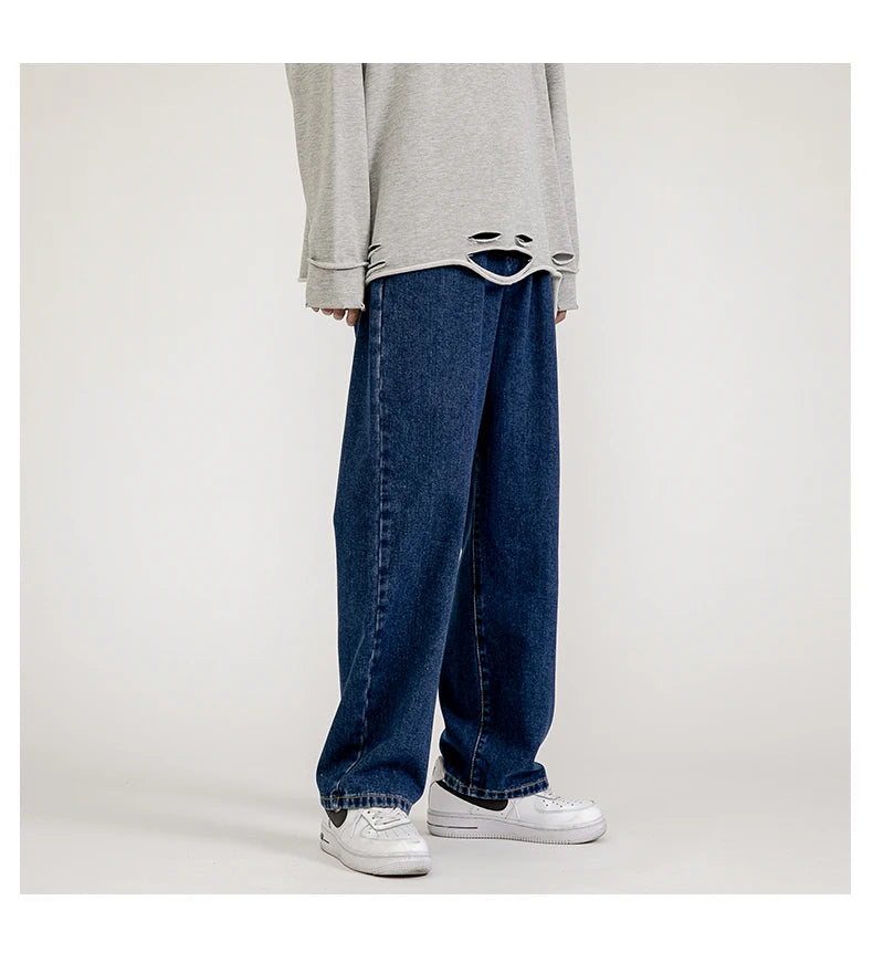 korean fashion mens baggy jeans classic all match solid color straight leg denim wide leg pants male light blue grey black unique jeans style 1144