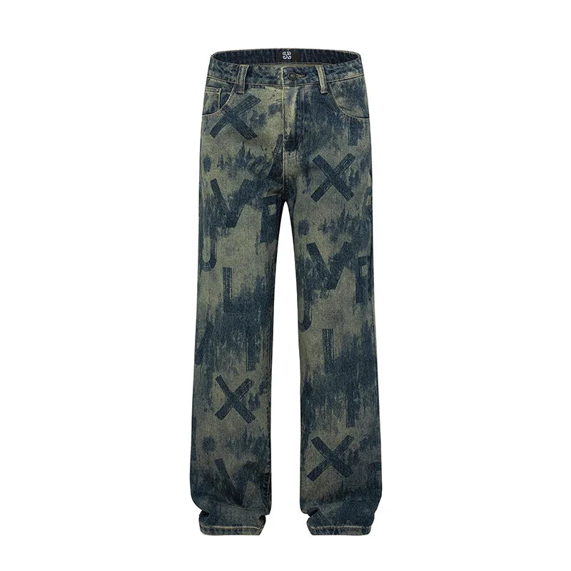 men loose casual american high street hip hop vibe printed denim baggy jeans pants man streetwear ripped jeans trousers unique jeans style 3086