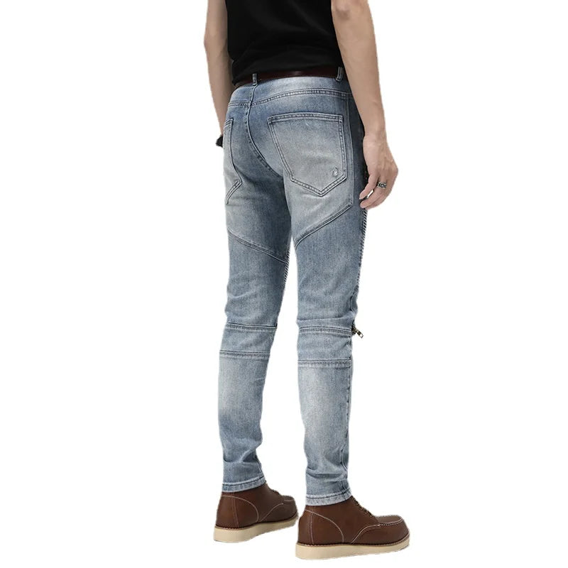 knee zipper patchwork pleated skinny denim jeans men casual slim biker trousers jeans fashion streetwear hip hop pants joggers unique joggers style 1134
