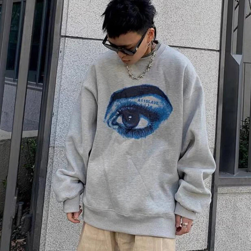 Trendy Korean Style Personalized Eye Print Round Neck Sweatshirt Men and Women Autumn and Winter Y2K High Street Hip-hop Tops