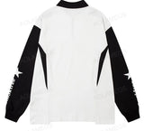 Y2K Streetwear Colorblock Raglan Sleeve Lapel Zipper Sweatshirt for Men Autumn Letter Print Polo Collar Loose Pullover Unisex