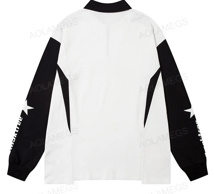 Y2K Streetwear Colorblock Raglan Sleeve Lapel Zipper Sweatshirt for Men Autumn Letter Print Polo Collar Loose Pullover Unisex