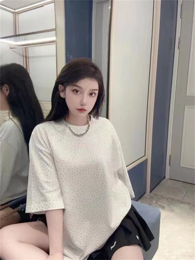 BALCG Style Original Heavy duty Starry Sky Washed Olded Starry Sky Rhinestone Oversized Loose Short sleeved T-shirt White