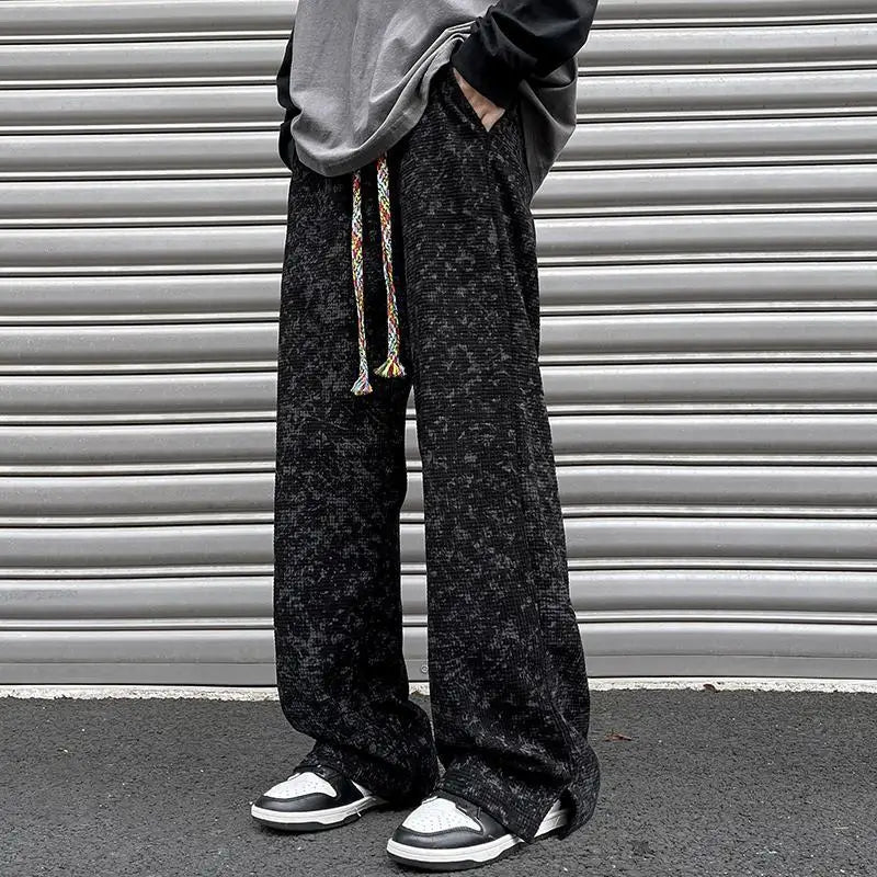 korean style waffle tie dye casual pants high street vibe pants men trendy brand colorful drawstring side slit straight trousers unique default style 2114