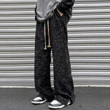 korean style waffle tie dye casual pants high street vibe pants men trendy brand colorful drawstring side slit straight trousers unique default style 2114