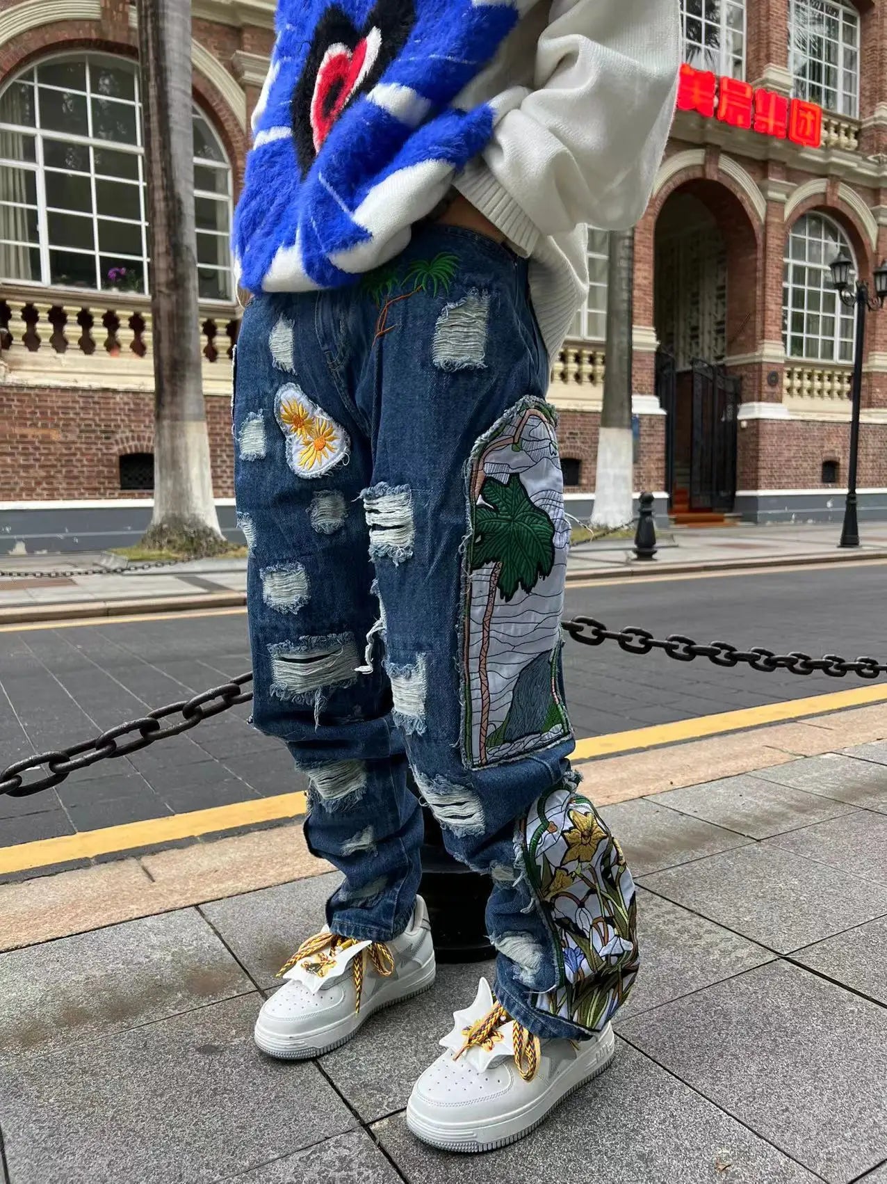 harajuku fashion embroidered patches straight denim pants hip hop washed torn jeans black blue patchwork y2k jeans baggy men unique jeans style 1547