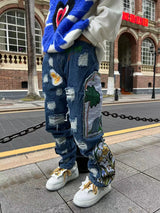 harajuku fashion embroidered patches straight denim pants hip hop washed torn jeans black blue patchwork y2k jeans baggy men unique jeans style 1547