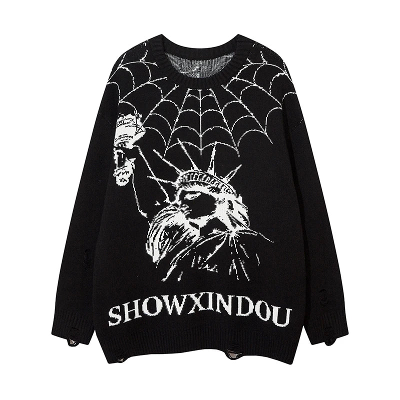 hip hop knitted sweater mens winter o neck harajuku pattern pullover streetwear casual loose pullover sweaters jumper knitwear trendy hip hop style outerwear, unique limited edition hoodie, aesthetic street look hoodie