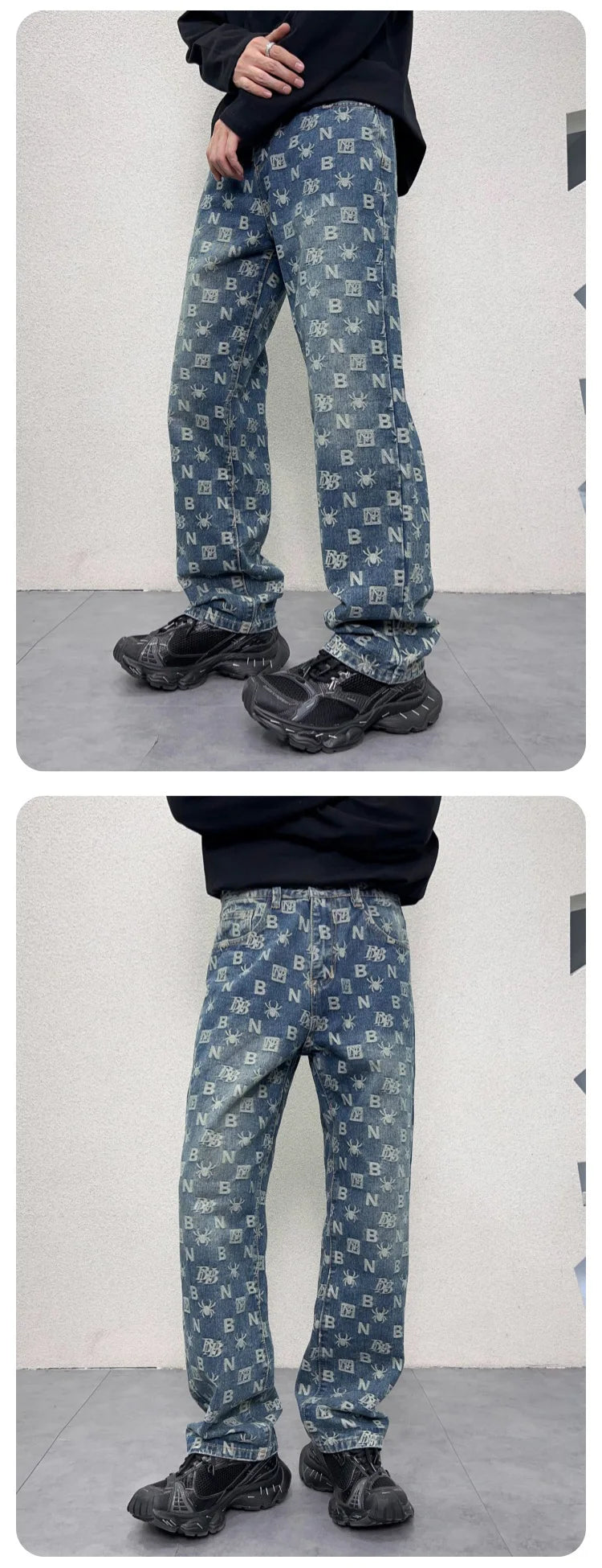 men jacquard streetwear hip hop vibe casual straight denim jeans pants boyfriend high street ripped jeans trousers unique jeans style 3108
