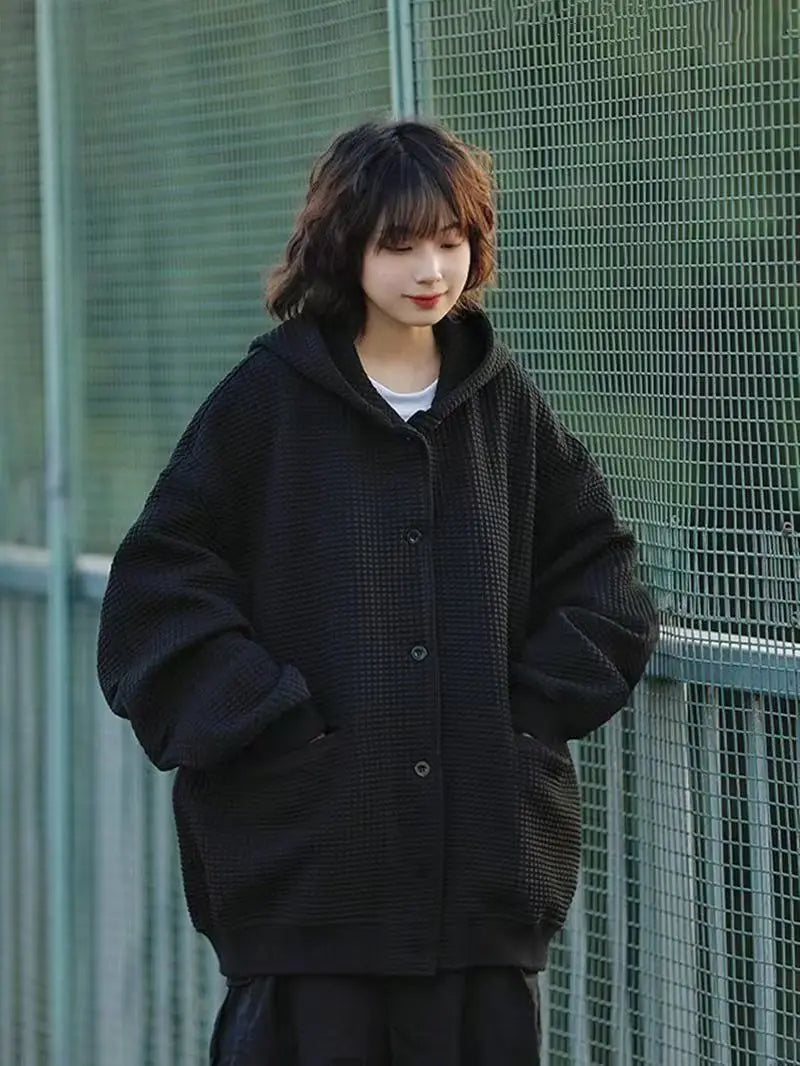 Korean Retro Y2K Waffle Hooded Jacket for Men and Women Ins Harajuku Style Casual Loose Couple Wear Cardigan Sweatshirt