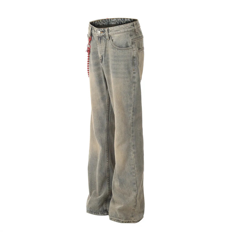 red chain pendant washed vintage jeans men women streetwear fashion hip hop loose casual wide leg denim jeans pants trousers unique jeans style 1471