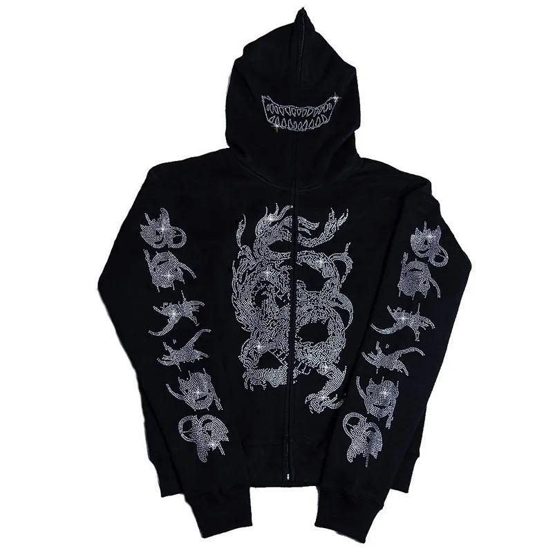 Y2K Rhinestone Skeleton Men Women Grunge Hooded Jacket Zip Up Oversize