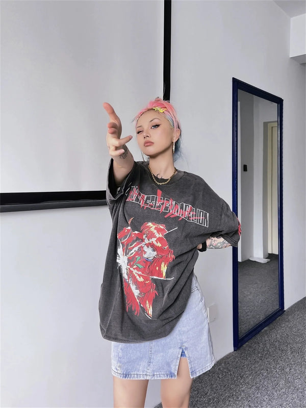 sadcore graphic tee featuring 2024 new summer vintage retro anime printing high street cotton casual loose good quality heavy texture t shirt tops