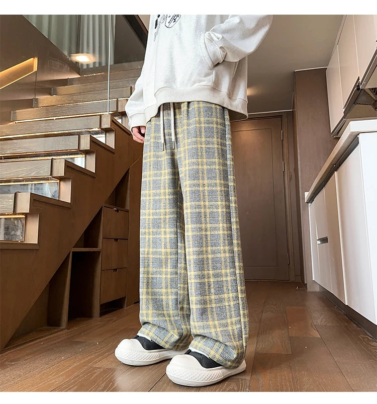 mens plaid pants baggy winter trendy fleece loose straight wide leg mopping trousers unisex thick velvet warm long pants unique default style 1114