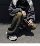 Trendy Personality Korean Motorcycle Style Round Neck Sweatshirt Men 2024 Spring Autumn Niche Contrasting Color Pullover Hot Top