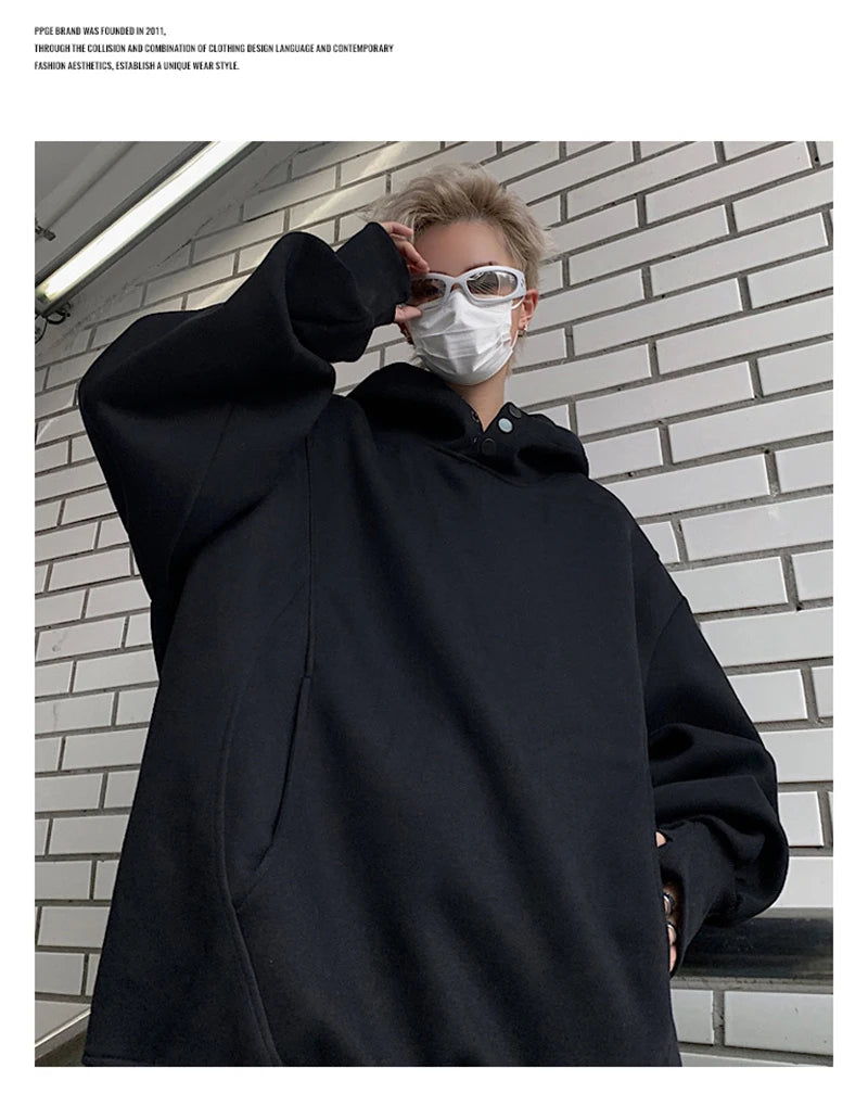 New Retro Button Neck Hooded Sweatshirts For Men Autumn Fleece Y2K Vintage Hoodies Hip Hop Fashion Streetwear Pullover Hoodie