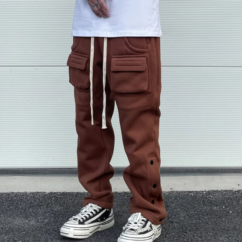 mens high street loose fit elastic waist pants winter warm fleece pants bottons hip hop drawstring sportwear sweatpants joggers sporty tapered joggers