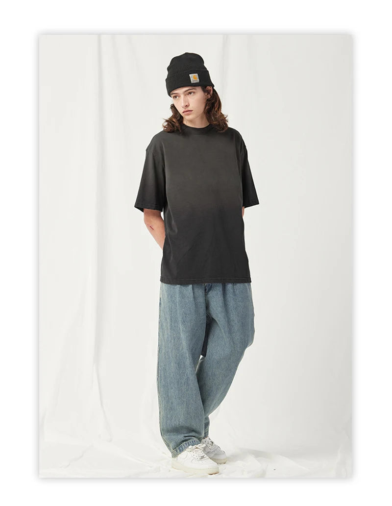 Spring Summer New Products Fried Color Wash Water Gradient Color Loose Short-sleeved Casual Basic Bottoming Round Neck
