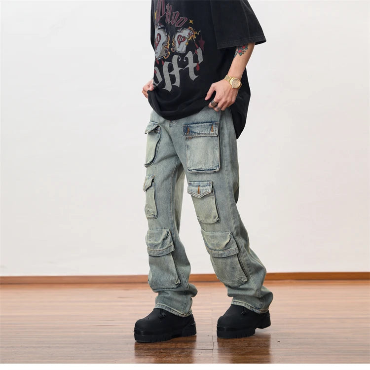 hip hop cargo denim pants streetwear plain denim pants mens harajuku cotton casual joggers jeans loose straight pants trousers unique joggers style 3855