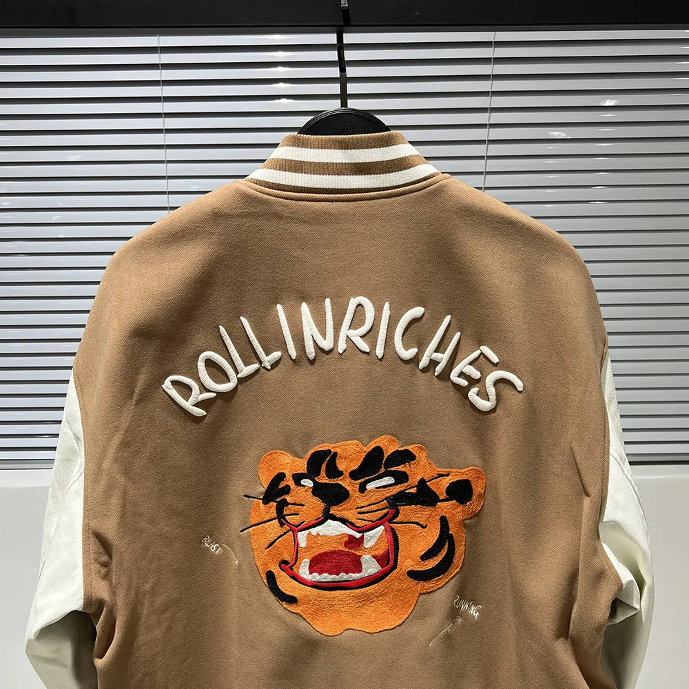 streetwear jacket featuring new luxury 2022 men beige embroidery tiger roll in riches varsity coats jackets down coats cotton warm winter thicken a571 design – premium quality jacket for men