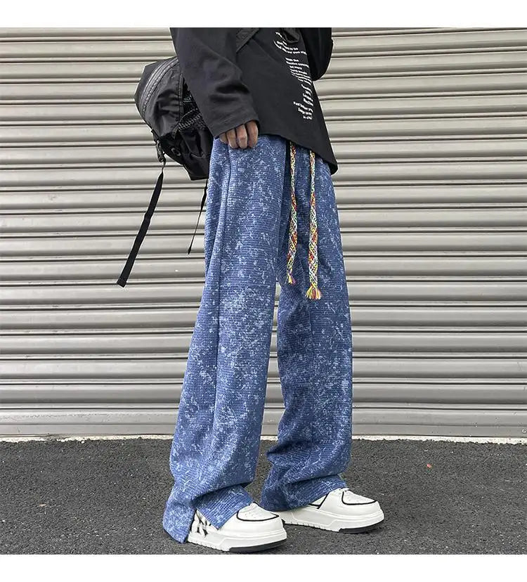 korean style waffle tie dye casual pants high street vibe pants men trendy brand colorful drawstring side slit straight trousers unique default style 2101
