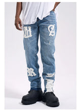 Frog drift Fashion Streetwear High Street REMAKE y2k Straight Stickers Blue Denim Jeans Trousers for men homme