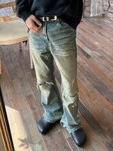 mens vintage ripped jeans distressed hole blue flared jeans trousers luxury designer male denim pants unique jeans style 1628