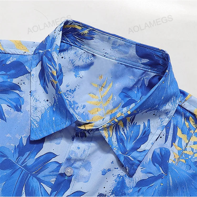 Men Shirts Hawaiian Vacation Loose Shirts Summer Refreshing Turn Down Collar Leaf Print Half Sleeve Shirt Versatile Daily Tops
