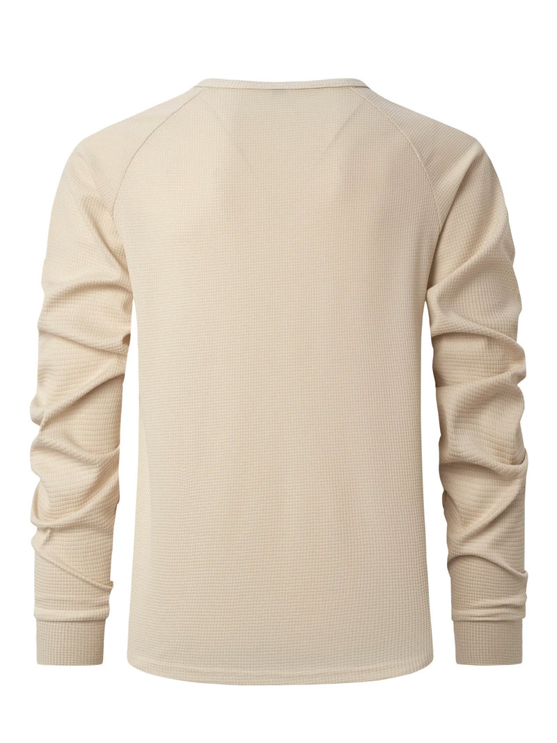 2024 New vintage Waffle Men's Henry shirt with button-down crew-neck and long sleeves