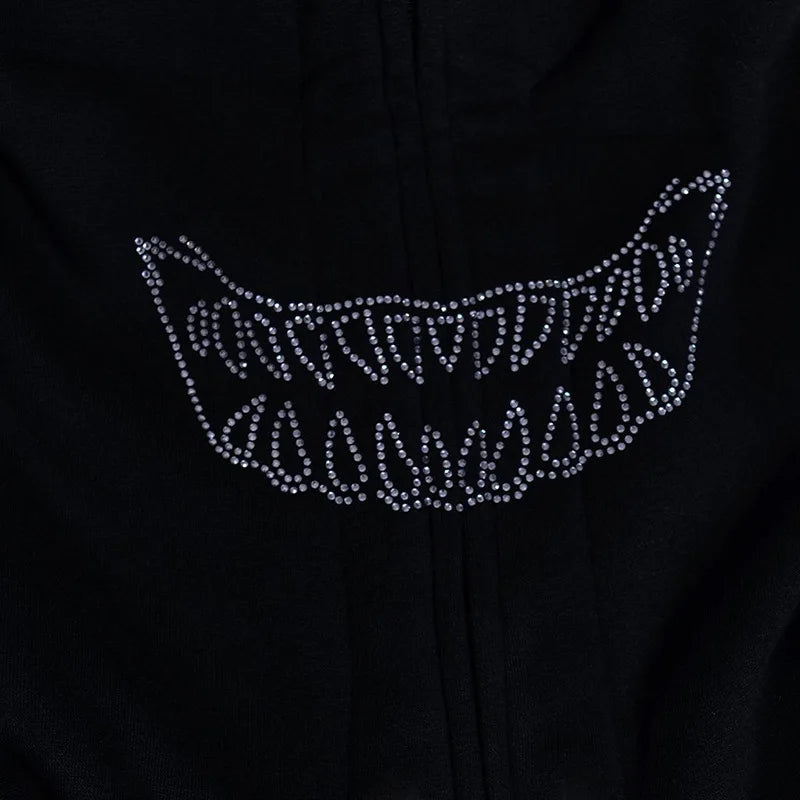 Y2K Rhinestone Skeleton Men Women Grunge Hooded Jacket Zip Up Oversize