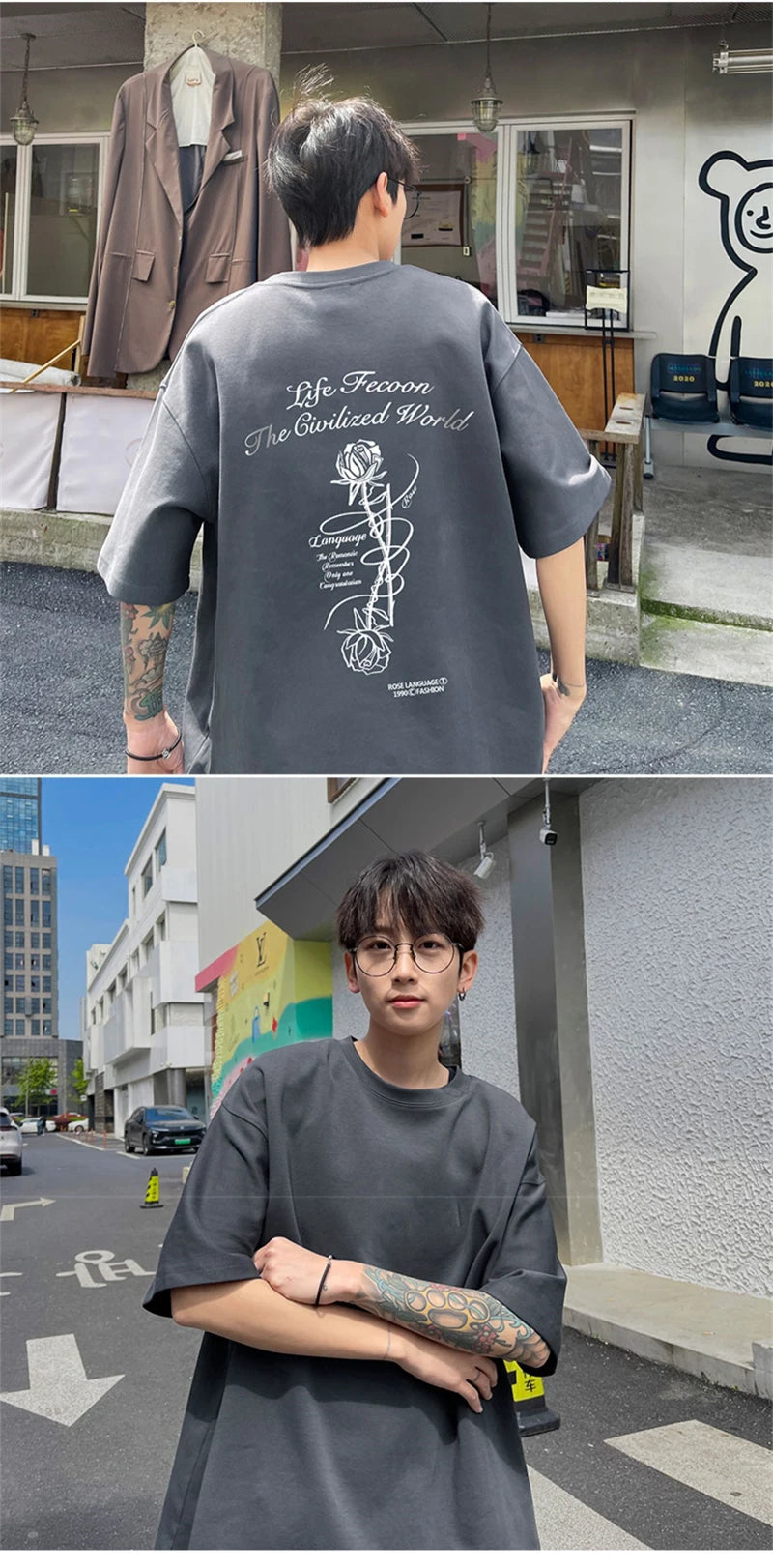 Y2k Angelcore design – Gothic Letter Rose Printed T Shirt Men Hip Hop Fashion Overs