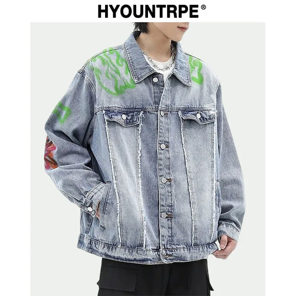 Men Harajuku Graffiti Denim Jacket and Coat Fashion Hip Hop Long Sleeve Jean Patchwork Outerwear Casual Streetwear Jeans Jack - variant style 9a801f for streetwear fashion