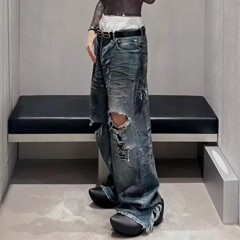 frayed damaged hole baggy wide leg jeans for men and women streetwear casual ropa hombre denim trousers oversized cargo pants utility cargo pants