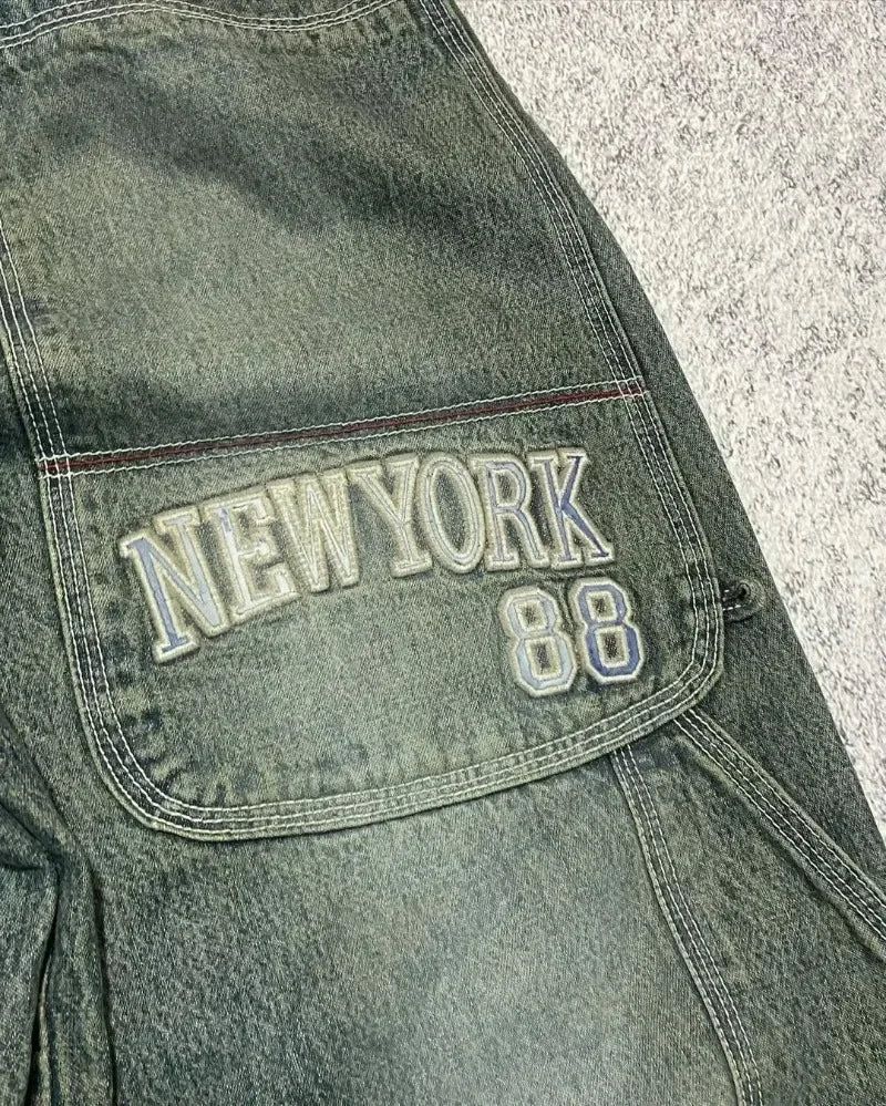 American Classic Letter Pattern High Waist Washed Jeans Women's Y2K High Street Harajuku Loose Button Punk Casual Overalls Men's