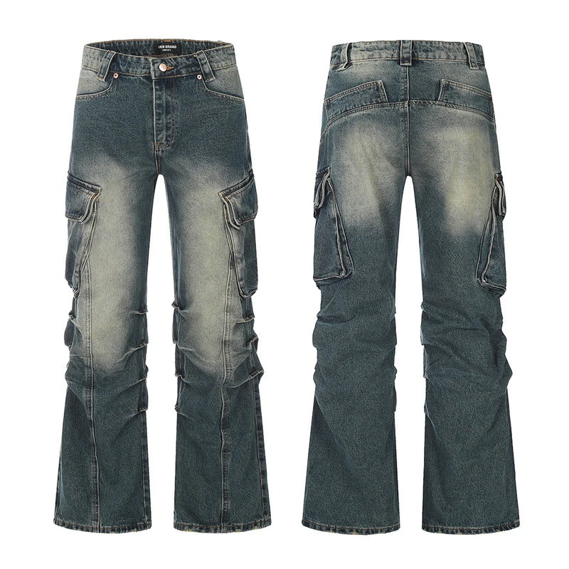 streetwear side pockets pleated washed blue jeans unisex straight baggy y2k denim pants ropa hombre casual cargo pants oversized utility cargo pants