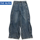 mens blue baggy jeans irregular patchwork streetwear hip hop loose jeans trousers male luxury designer denim pants stacked flare jeans