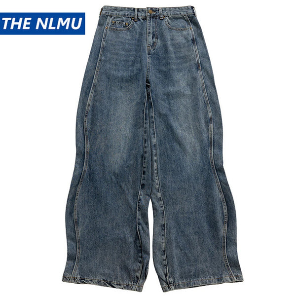mens blue baggy jeans irregular patchwork streetwear hip hop loose jeans trousers male luxury designer denim pants stacked flare jeans