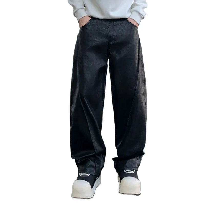 men streetwear fashion hip hop loose casual straight leather motorcycle pant man y2k trousers pants stage clothing unique default style 2429