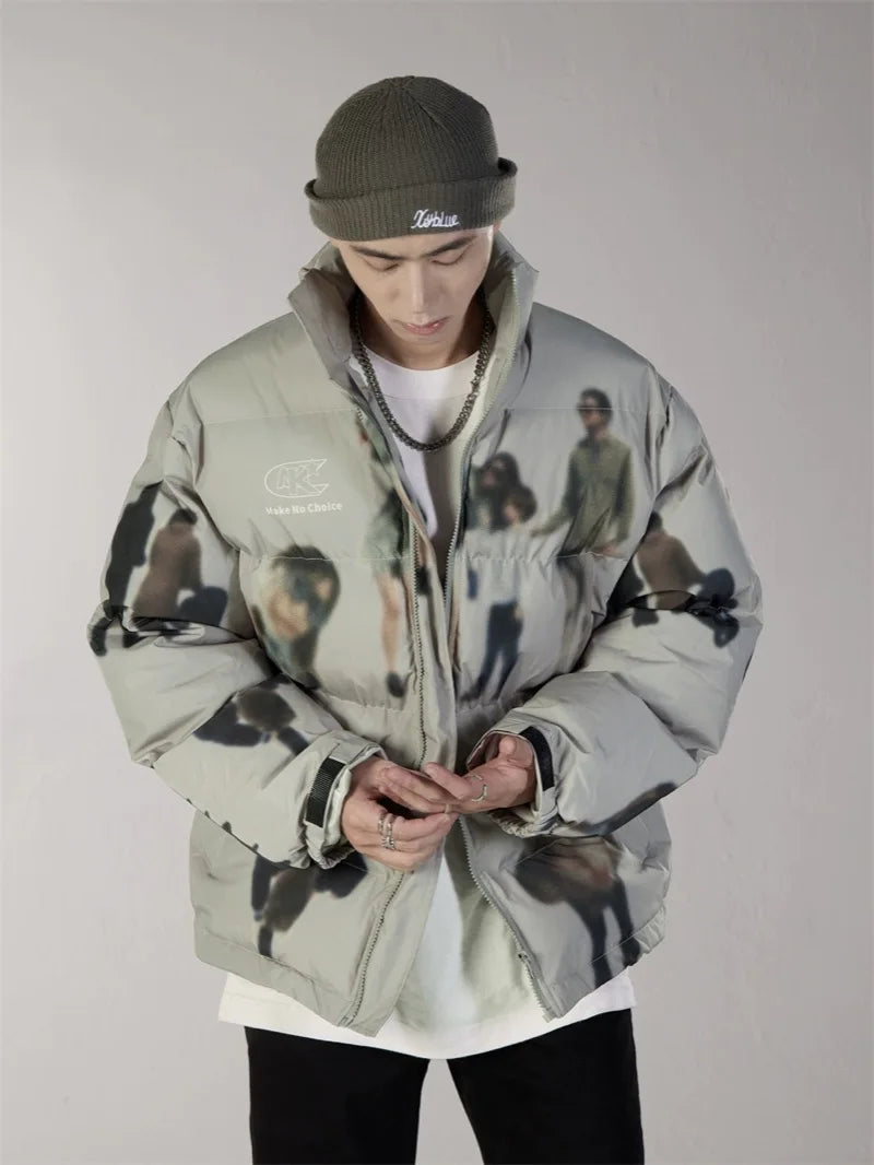 Hip Hop Jacket Parka Human Graffiti Print Men Winter Windbreaker Streetwear Harajuku Padded Jacket Coat Warm Outwear Hipster New