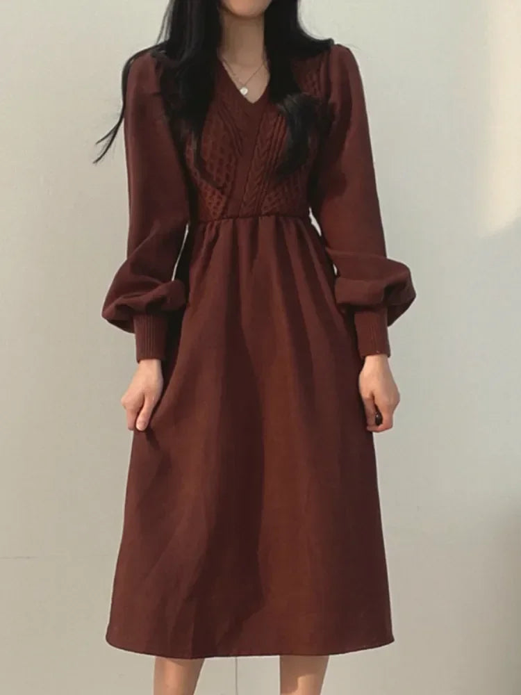 Winter Dress Long Elegant Splicing Stripes Y2k Knitted Dress Women Koean Fashion Long Sleeve Dresses Female Club Party Vestidos