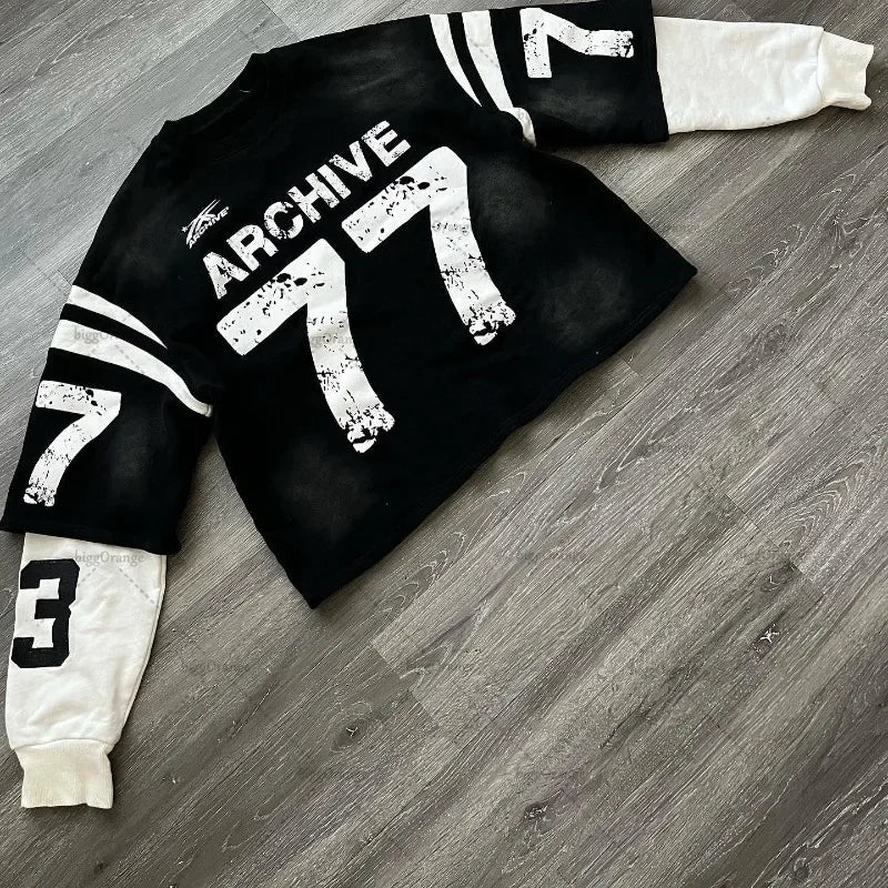 Trendy Brand Alphanumeric Printing Oversized Splicing Long-sleeved Men Y2k Street Hip-hop Rock Casual Retro Pullover Women