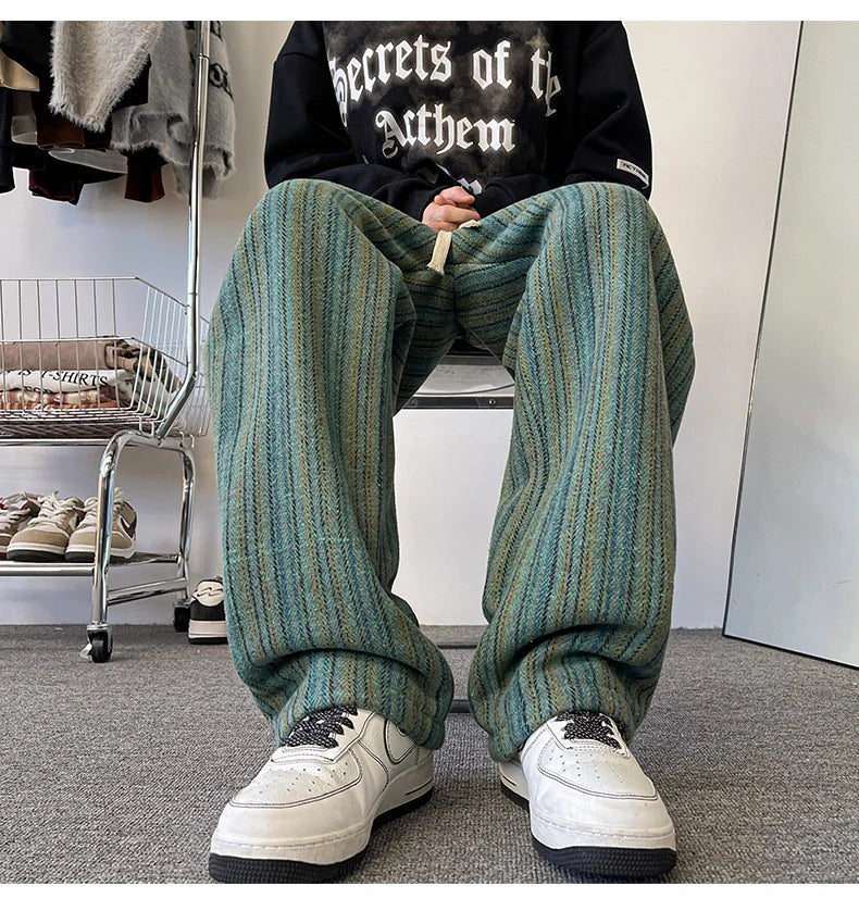 high quality stripe plaid mens trousers baggy straight fashion classic padded autumn winter casual pants male plus size m 8xl urban fashion pants