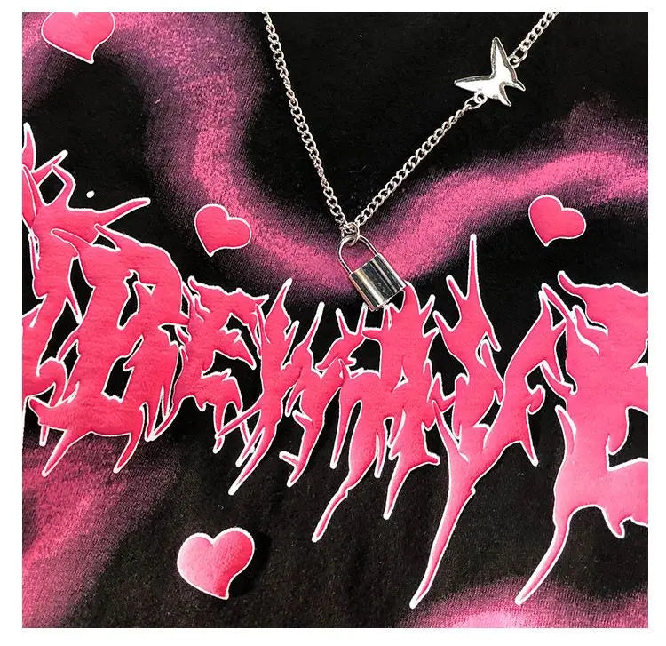 Y2k Barcode glitch – Hip Hop Street Personality Heart Print Round Neck Short Sleeve