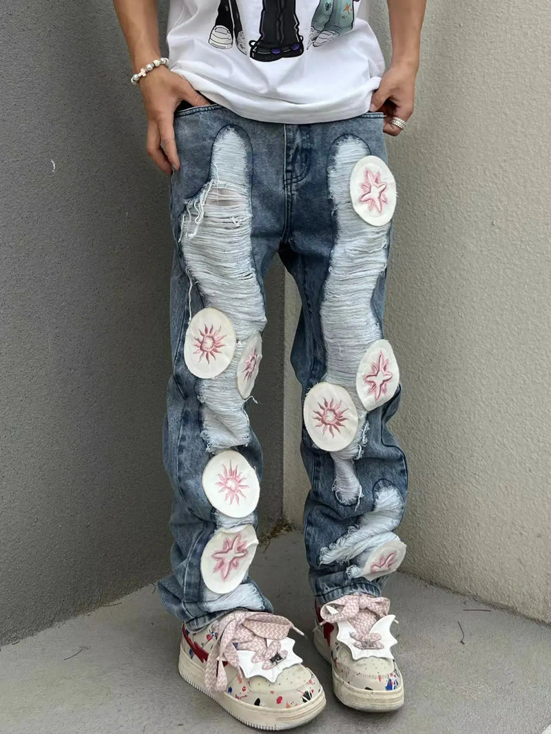 harajuku y2k stars embroidery patchwork ripped holes denim jeans casual straight jean pants mens hip hop streetwear jeans pants unique jeans style 2551