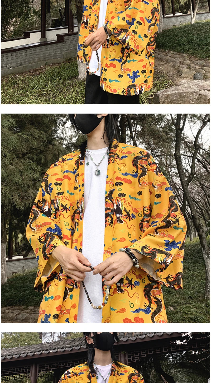 Japanese Style Men's Lightweight Kimono Jacket Dragon Print Kimono Cardigan New Arrival Street Shirt Harajuku Kimono Couple Tops