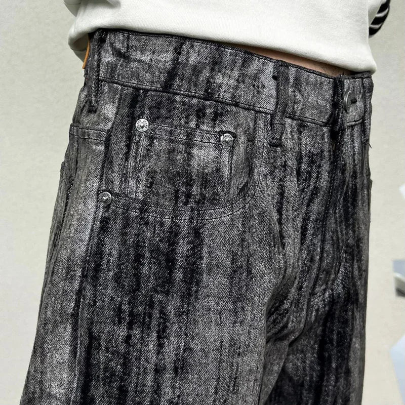 mens streetwear fashion hip hop vibe casual retro tie dyed denim pant jeans cityboy black gray straight jeans trousers vintage washed jeans