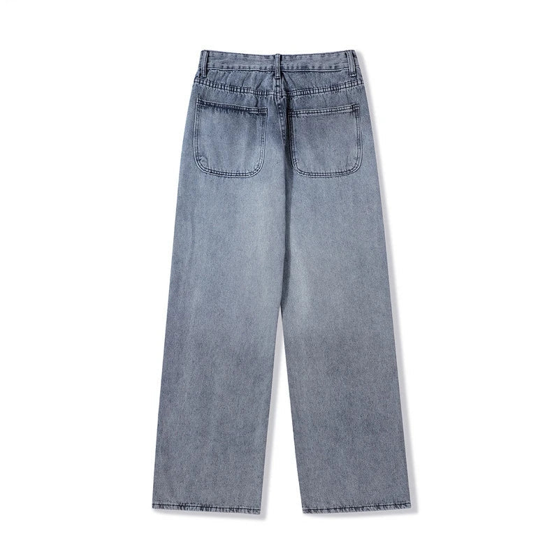 rainbowtouches mens washed jeans vintage high street gradient fashion trends zipper jeans loose straight long pant casual pants ripped baggy denim