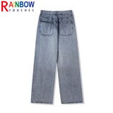 rainbowtouches mens washed jeans vintage high street gradient fashion trends zipper jeans loose straight long pant casual pants ripped baggy denim