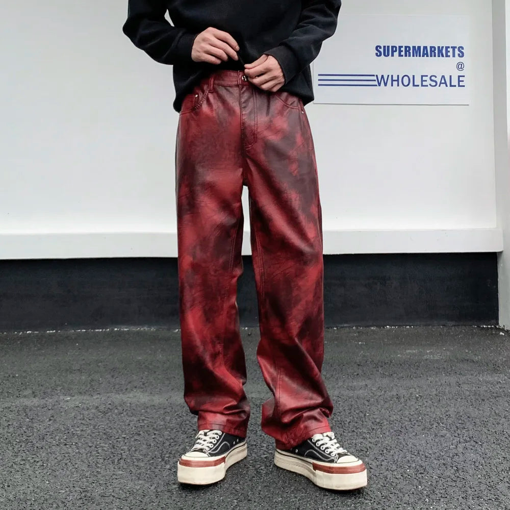men streetwear fashion hip hop punk gothic vibe casual straight leather pant man y2k trousers motorcycle pants stage clothing unique default style 2415