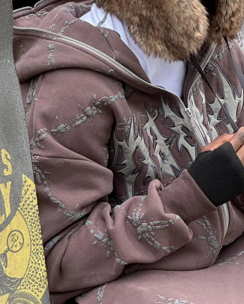 2024 European and American style loose men's zipper sweatshirt trend ins retro printed long-sleeved hooded jacket top